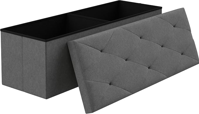 VECELO 43'' Folding Storage Ottoman Bench, Storage Chest, Linen Fabric Foot Rest Stool, 158L Storage Footstools for Bedroom and Living Room, Holds up to 660 lbs, DGray