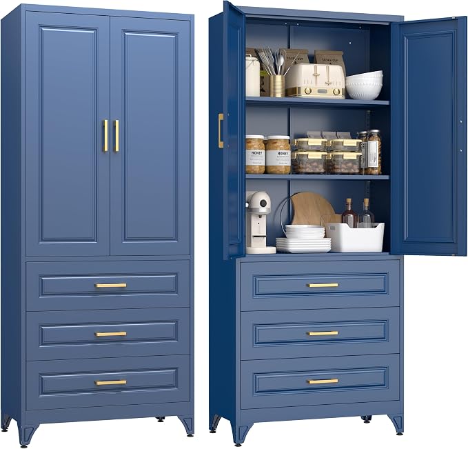 UNICOLY 75" Kitchen Pantry Cabinet, Metal Storage Cabinet with Drawer | Tall Pantry Storage Cabinets with Doors and Shelves, Large Freestanding Cupboard for Dining Room, Assembly Required, Green