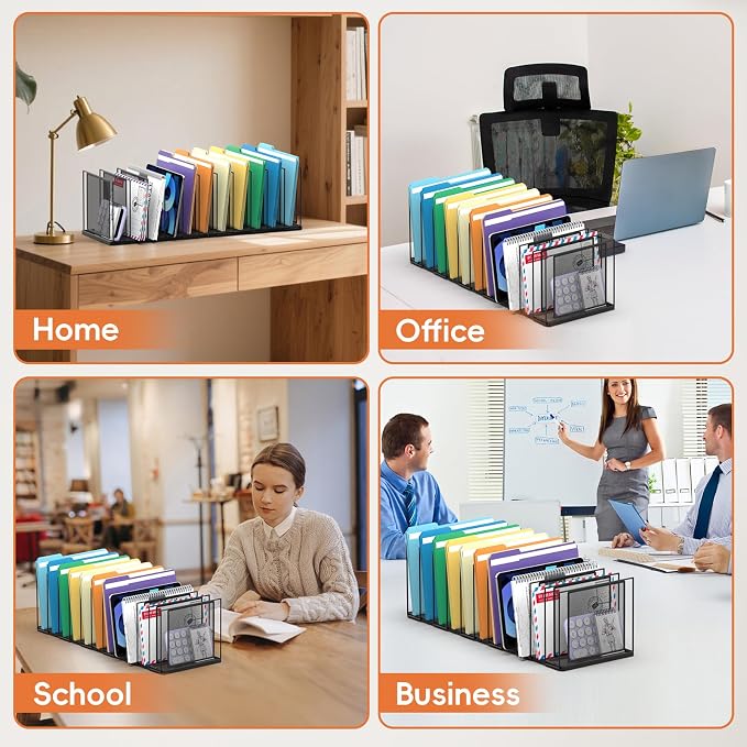 File Organizer For Desk, 11 Section Metal Desk File Sorter, Black | Desk file organizer, connectable 11 section design, 2.17 in spacing, vertical folder storage for home office and classroom