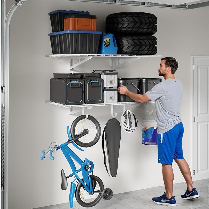 FLEXIMOUNTS 2-Pack 2x4ft Garage Shelving with Hooks, 600lbs Load, White | 24-inch-by-48-inch Wall Shelf Garage Storage Racks Floating Shelves, Rustproof Seamless Grid Design, Classic Series