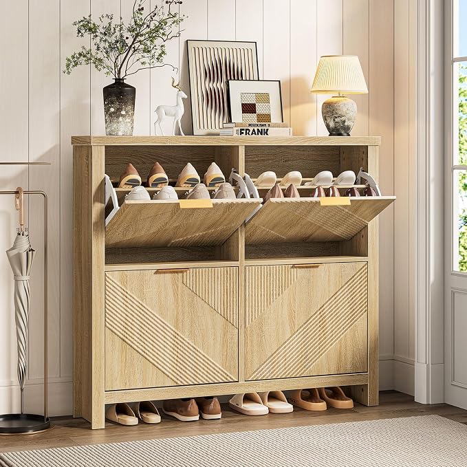 Shoe Cabinet with 4 Flip Drawers & Symmetric Groove Pattern for Entryway | 44.5''W x 9.2''D x 39.4'' Natural Oak Fit for 16-24 Pairs of Shoes Slim Narrow Shoe Storage Cabinet for Hallway Living Room
