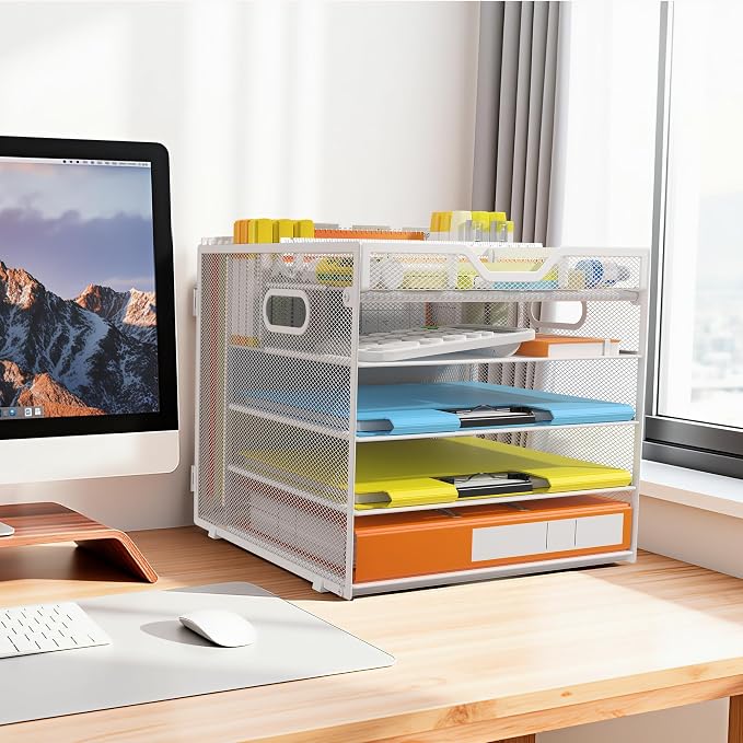 Docnest 5 Tier Desk Organizer with Hanging File Folder Holder&Tray, White | Features 3 detachable pen holders and 4 removable dividers.Versatile mesh desktop storage for mail, document,office supplie