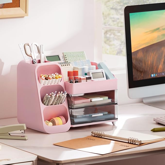 HBlife Desk Organizer with Pen Pencil Holder for Desk, Pen Organizer with 2 Drawers, Desk Organizers and Accessories with 4 Compartments, Desktop Storage for Office Home School Art Supplies, Pink