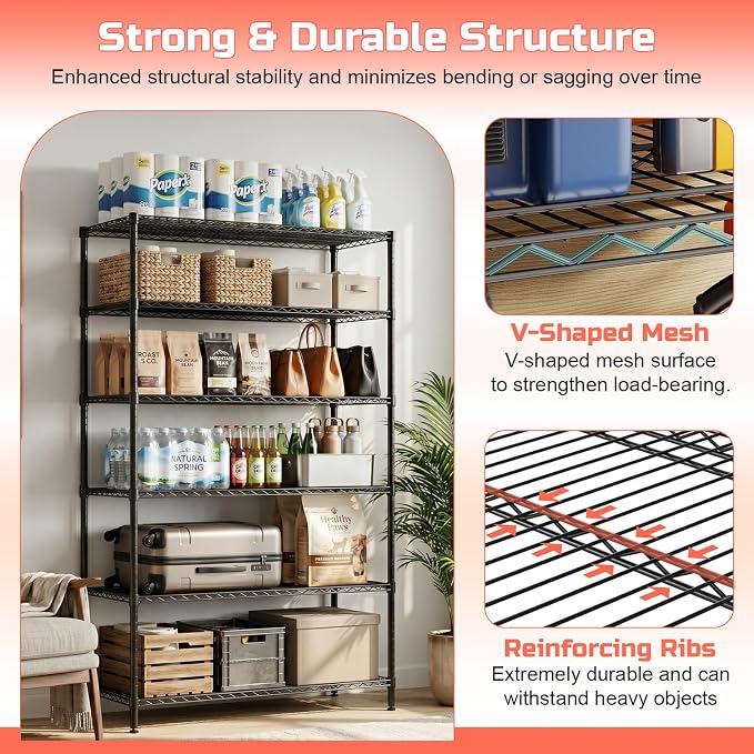 FDW | 6-Tier Wire Shelf with Wheels | 48" x 18" x 76" | Black | Storage Shelves with Adjustable Racks, Holds upto 600 lbs | Rust-Resistant, No-Tool Assembly | For Home, Garage