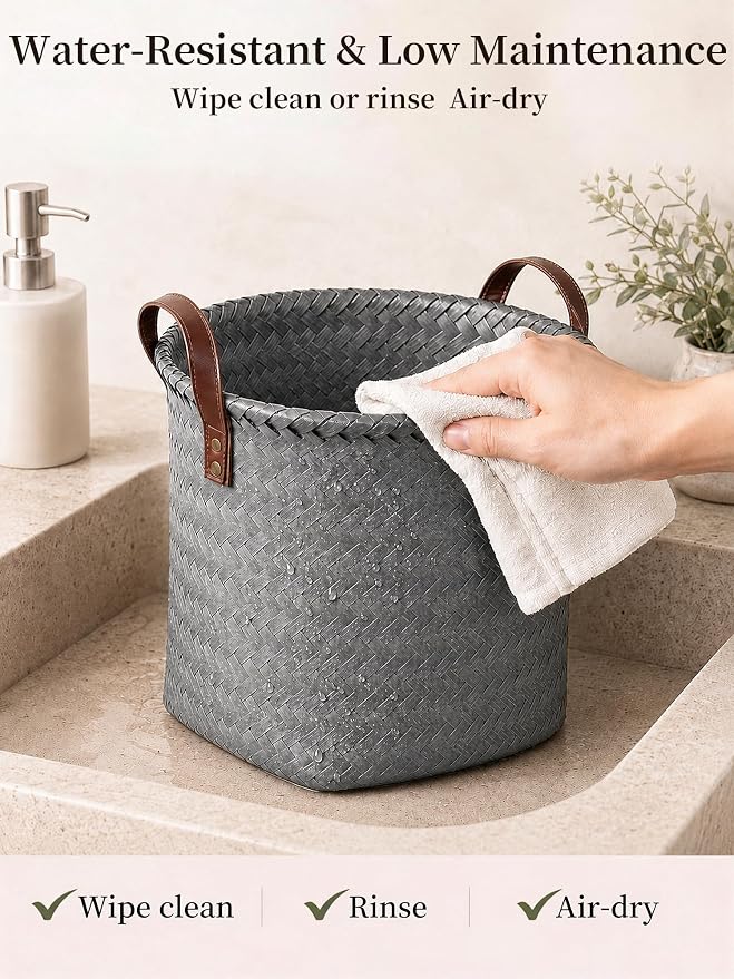 Wicker Storage Baskets, 4 Pack Woven Baskets for Shelves, Grey | PP Rattan, Water-resistant Wicker Basket, Large Baskets with Faux Leather Handles for Blanket, Laundry Organizer, Room Decor
