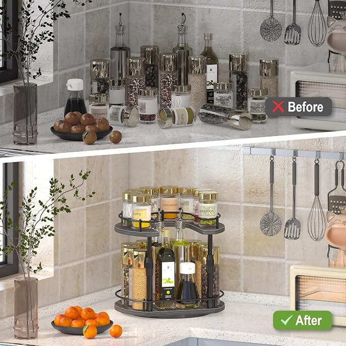 Across-Star Lazy-Susan-Spice-Rack -Organizer For Cabinet With Adjustable Height, 12 inch Rotating Seasoning Holder Spice Organization For Pantry, 2-Tier Kitchen Counter Shelf Countertop Organizer