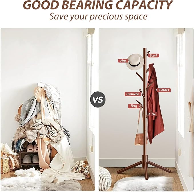 Unisakey 8-Hook Freestanding Wooden Coat Rack 3 Adjustable Heights Brown | Stable Triangular Base for Safety,Durable Construction,Simple Tool-Free Assembly,Ideal for Bedroom Hallway Office Entryway