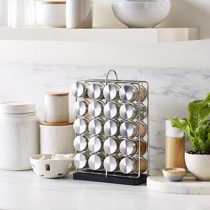 Amazon Basics 20 Jars Spice Rack Organizer, Space-Saving Kitchen Organizer with Glass Spice Jars, Sturdy, Silver