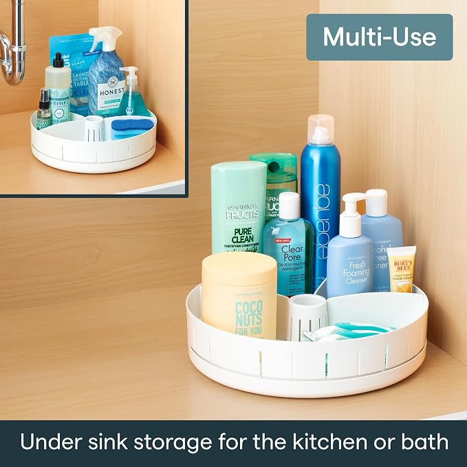 YouCopia SinkSuite Under Sink Turntable with Adjustable Dividers, Lazy Susan Organizer for Kitchen or Bathroom Storage, White