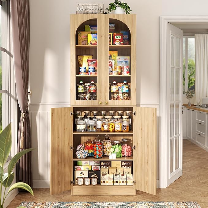 Cyclysio 80" Kitchen Pantry, Tall Arch Storage Cabinet with Tempered Glass & Soft Close Doors, Freestanding Wood Floor Cupboard Bookcase with Seamless Fit Wall for Dining Room, Living Room, Bathroom