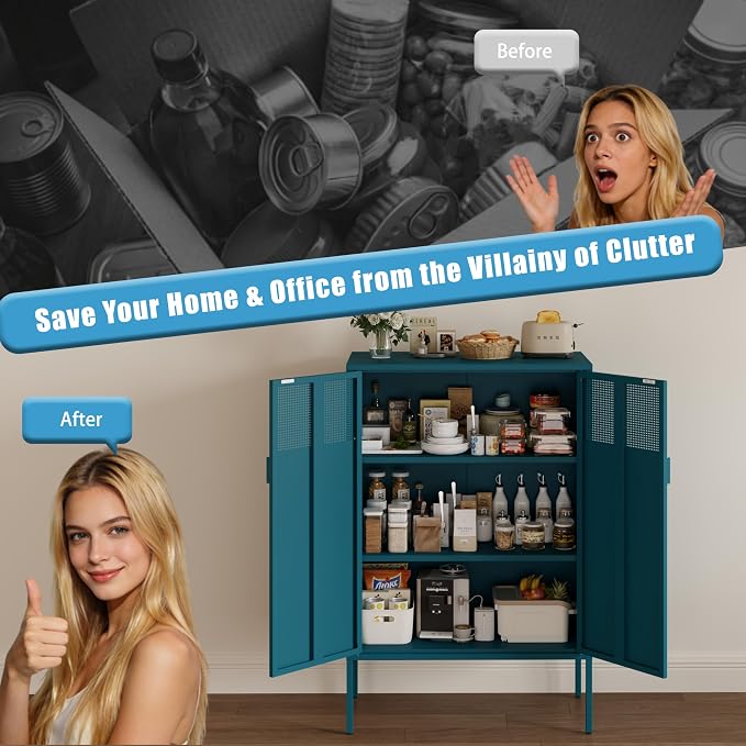 3-Tier Metal Storage Cabinet with 2 Adjustable Shelves & Mesh Doors | Metal Locker Accent Cabinet with Legs, Blue Storage Cabinets, Metal TV Stand Cabinet for Home Office, Entryway & Hallway