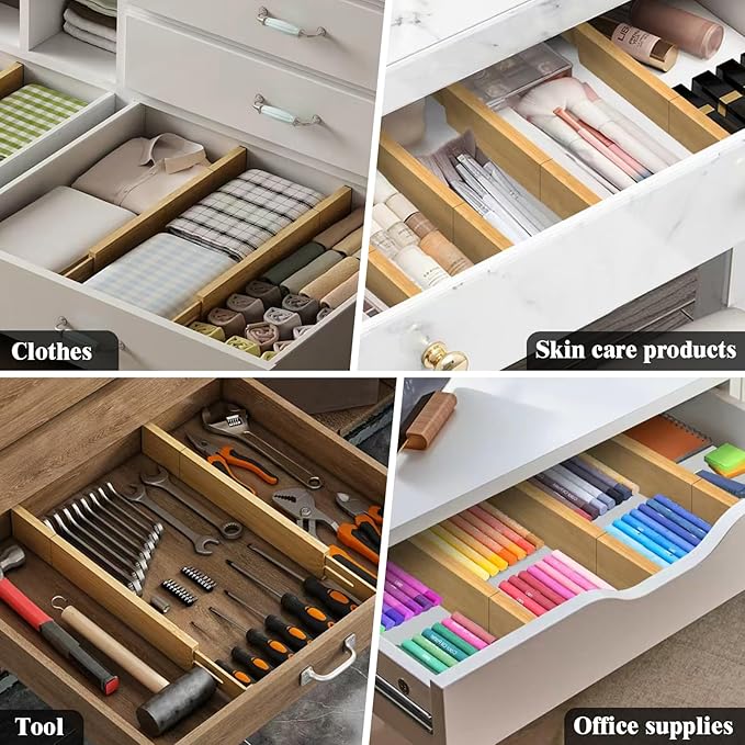Bamboo Drawer Dividers, 12-21 Inch Kitchen Adjustable Drawer Organizers | Expandable Dresser Separators for Clothes, Ideal for Kitchen, Bathroom, Vanity, Office Organization and Storage, 8-Pack
