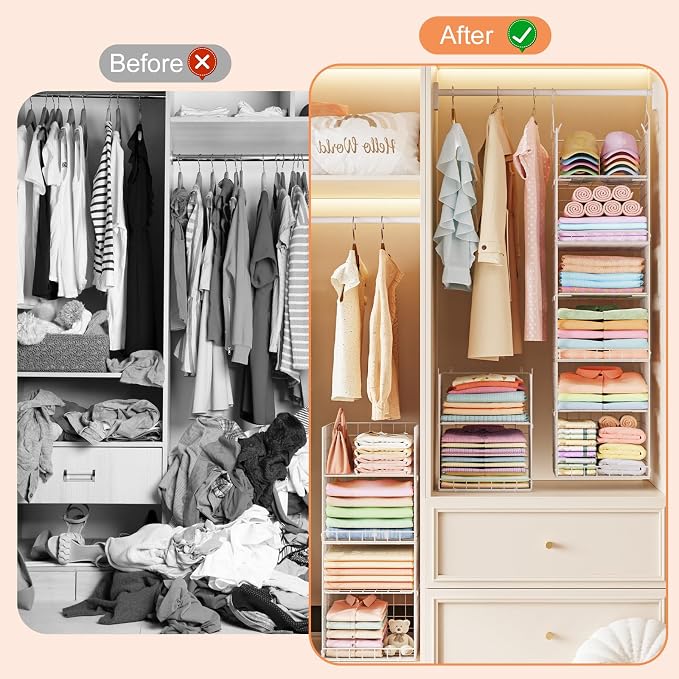 Yuyetuyo 6 Tier Raised-Height Hanging Closet Organizer, Stackable Sweater Organizer for Closet, Wire Storage Basket Bins for Clothes Purse Shoes, Hanging Shelves with 4 Hooks & 3 Dividers Adjustable