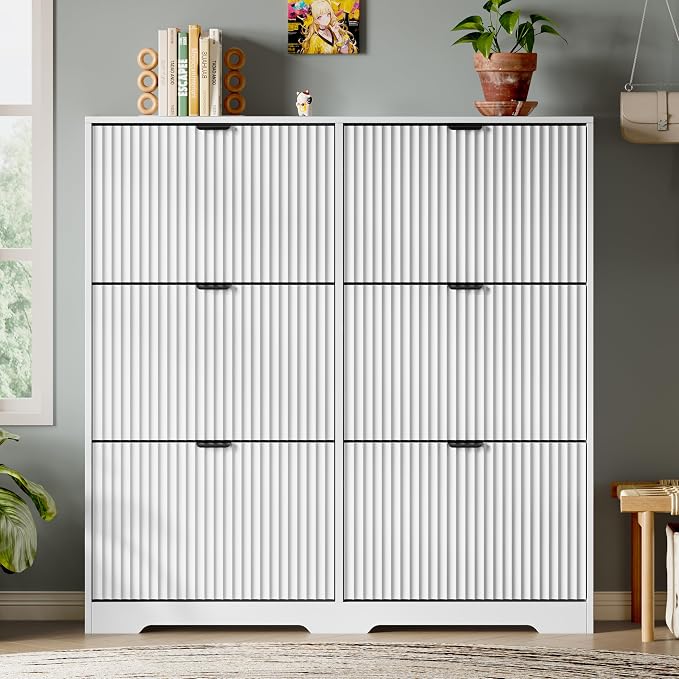 Xixini Shoe Storage Cabinet for Entryway with 6 Flip Drawers, Hidden Slim Wood Shoe Organizer with Modern Fluted Panel, Freestanding Narrow Shoe Rack for Front Door Entrance, Hallway, Foyer, White