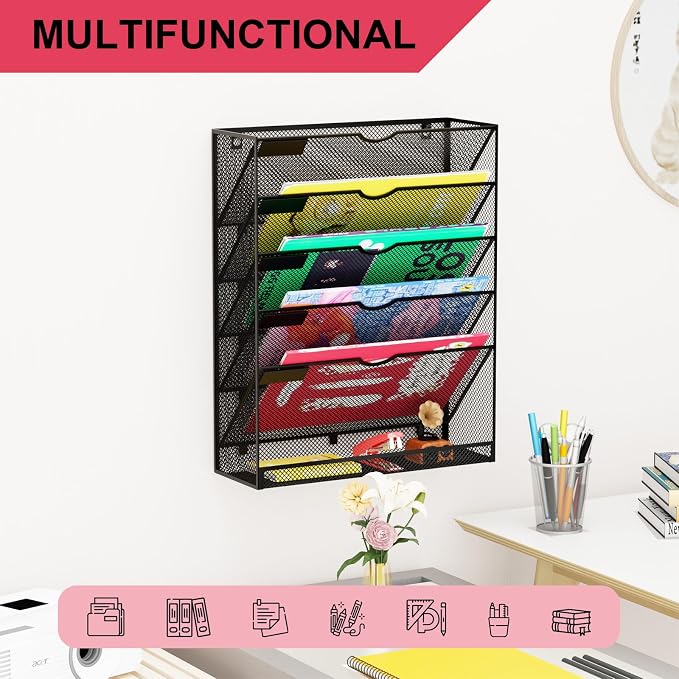 6-Tier Hanging File Organizer Office Cubicle Accessories for Work Organizer Wall Mount File Holder for Mails Folders Papers Magazine Organization, Black