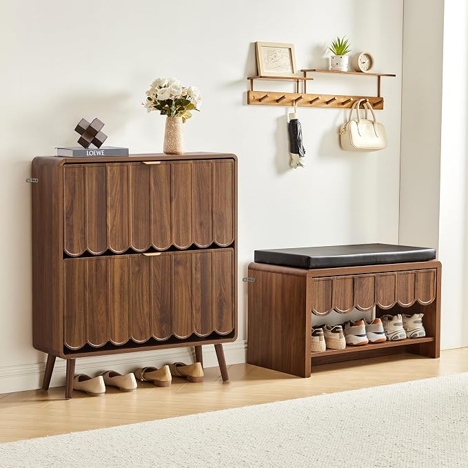 Shoe Storage Cabinet for Entryway with 2 Flip Drawers, Freestanding Narrow Wood Shoe Cabinet with Wave Panel, Hidden Shoe Organizer for Foyer, Hallway (Walnut)