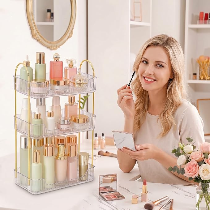 Aveniee Bathroom Counter Organizer, 3 Tier Perfume Skin Care Countertop Storage Shelf, Vanity Makeup Tray for Cosmetic Skincare Lotion,Clear