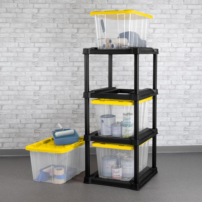 Sterilite 4-Tier Tote Rack & 4-Pack 27 Gallon Storage Box, Shelf and Tote Organizers - Plastic Shelving Unit and Container Bins for Bathroom, Garage, Pantry, Bookshelf, and Bedroom Organization