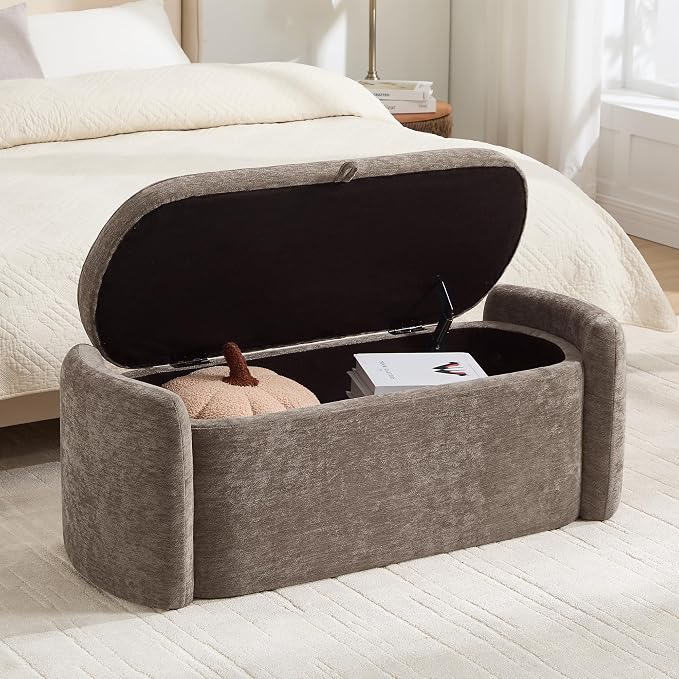 Oval Ottoman Bench with 20 Gal of Storage Space Upholstered Chenille Seat End of Bed Storage Bench Storage Ottoman with Storage for Bedroom, Living Room, Entryway, Window(Light Brown)