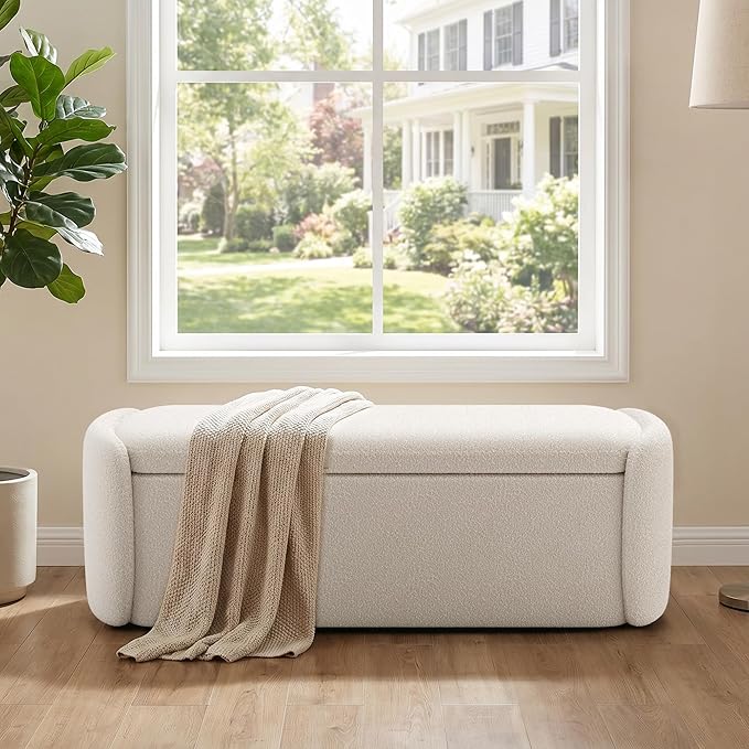 VKNOW Storage Bench, Upholstered Storage Ottoman Bench with Hinge, Beige | Ottoman Bench with Large Capacity, Curved Frame, King Size Bench, Storage Bench for Bedroom, Living Room, Entryway, Window