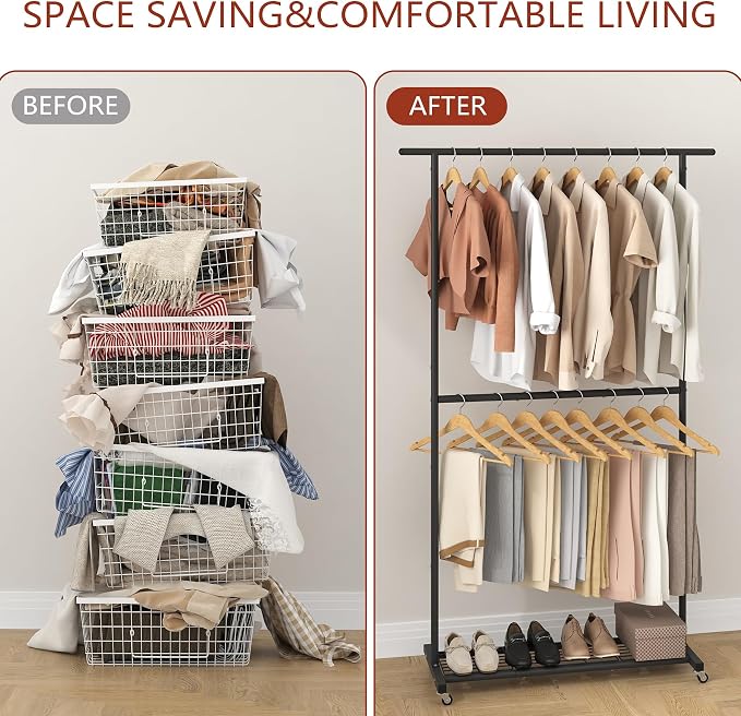Sywhitta Double Rod Metal Clothing Rack on Wheels with Bottom Mesh,Black | Rolling Garment Organizer, for Hanging Clothes,Coats,Easy to Assemble,Space-Saving,Mobile Organizer for Closet