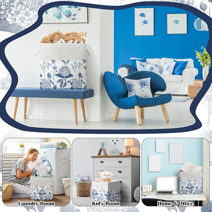 LemonRoad 6 Pcs Blue Hydrangea Cube Storage Bins 11.22 Inch Square Storage Basket with Handle, Preppy Girls Organizer Basket, Collapsible Fabric Box for Classroom Bedrooms Office Home Decoration Gift