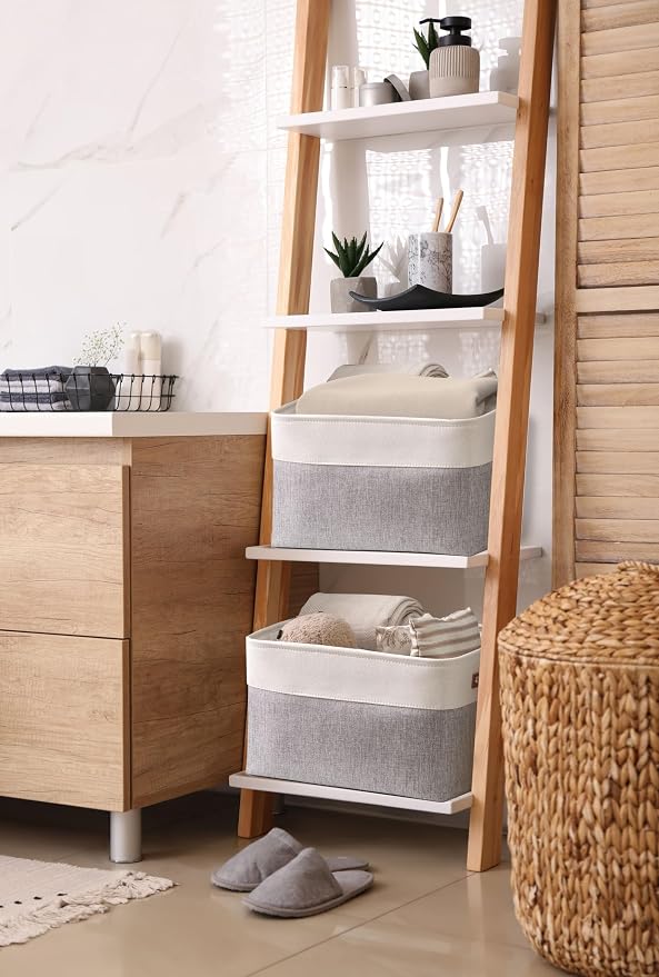 DECOMOMO Storage Bins, Extra Large Fabric Storage Baskets for Shelves 3Pack | 15.8 x 12.5 x 10 inches Decorative Linen Closet Organizers (Grey & White)
