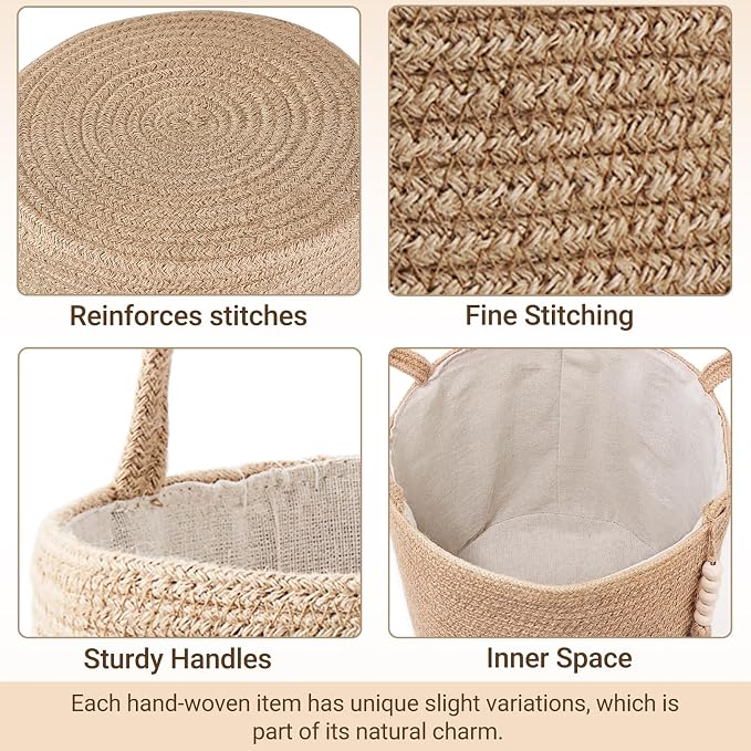 Mkono Tall Wicker Laundry Basket Woven Storage Basket Decorative Natural Rope Basket Wooden Bead Decoration for Blankets,Toys,Clothes,Shoes,Plant Organizer Bin with Handles Living Room 15"Wx17.7"L | Brown, Jute, Decorative Basket with Handle, Wood Bead...