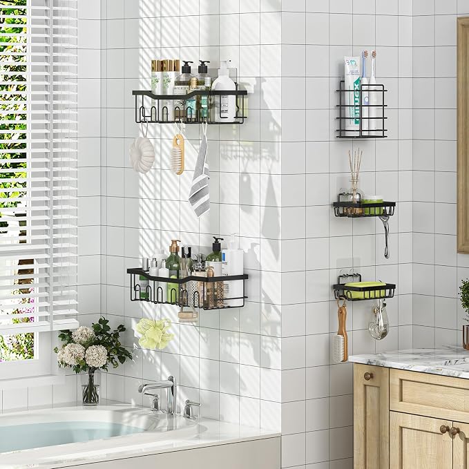 Simple Trending Shower Caddy, 5 Pack Rustproof Stainless Steel Shower Shelves, No Drilling Bathroom Organizer Adhesive with Large Capacity, Black Metal Storage Basket