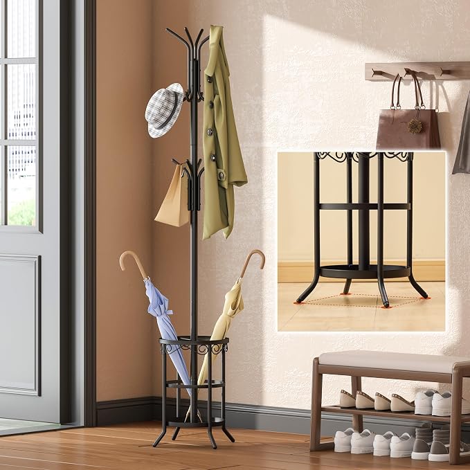 GHWIE Freestanding Coat Rack Stand with Umbrella Holder and Hat Hanger Organizer Rack