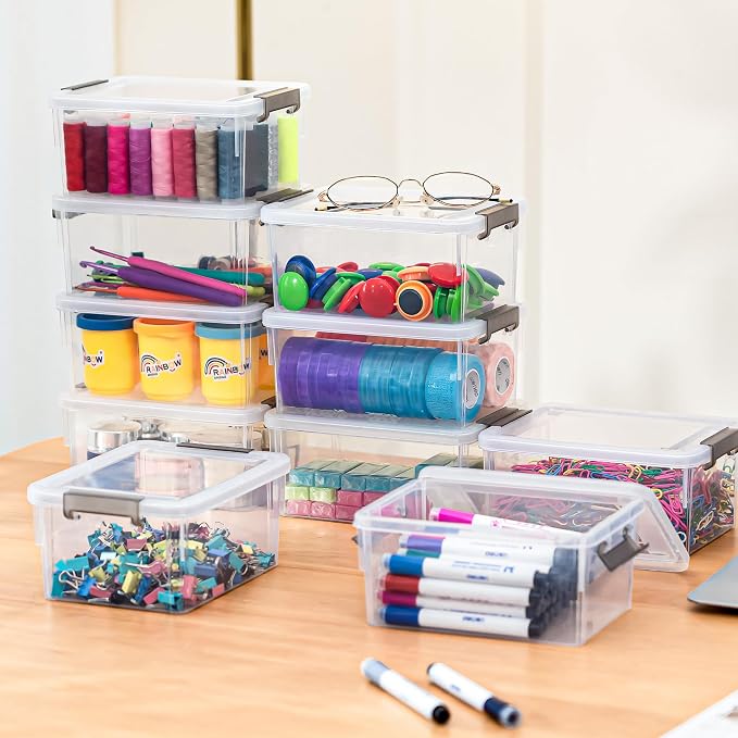 8Packs 1.3Qt Small Storage Bins with Lids,Stackable Clear | Containers with Lids for Crafts, Beads, Stationery, Toys and Accessories. Stackable to Save Space to office,home