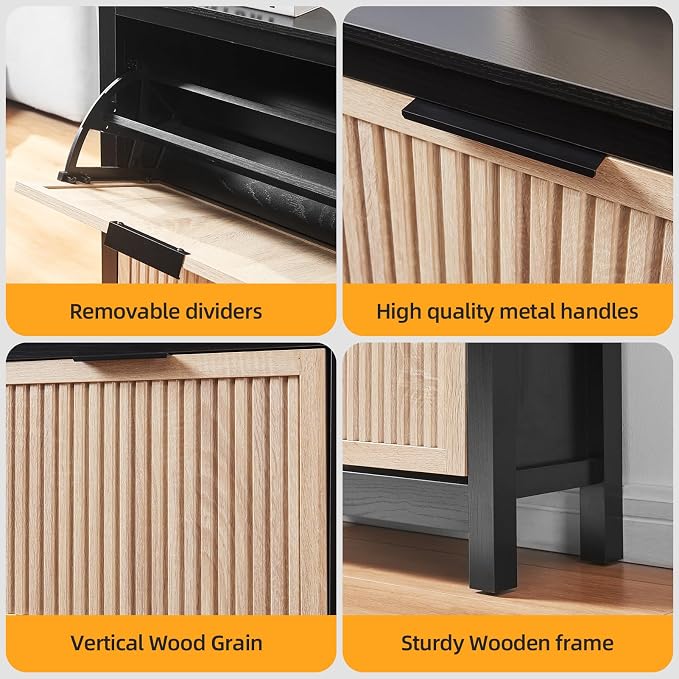 4-Flip Drawer Shoe Cabinet Narrow Entryway Rack, Oak & Black | Vertical Wood Grain, Metal Handles, Adjustable Compartments, Removable Shelf, Anti-Tip Device, for Hallway Foyer Entryway