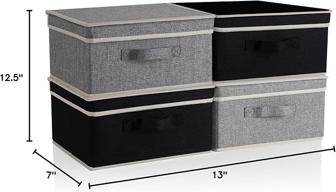 Storage Bins with Lid, Foldable Clothing Storage Box case with Handle for Closet, Bedroom, Home, Gray+Black, 13L x 12.5W x 7H inch