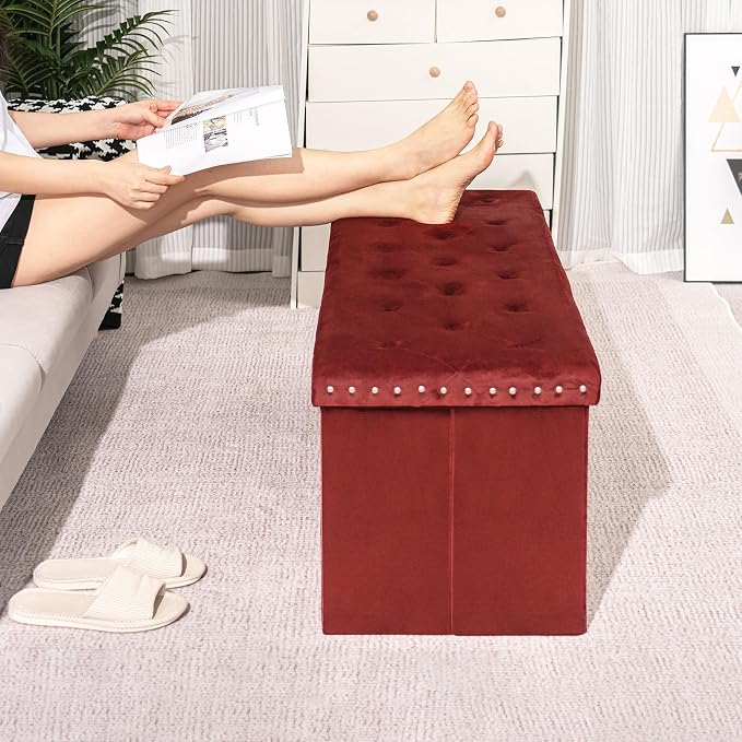 B FSOBEIIALEO Luxury Velvet Fabric Storage Ottoman Bench, Extra Large 140L Toy Chest Storage Boxes Footrest Bench for Bedroom, 43 Inches Red