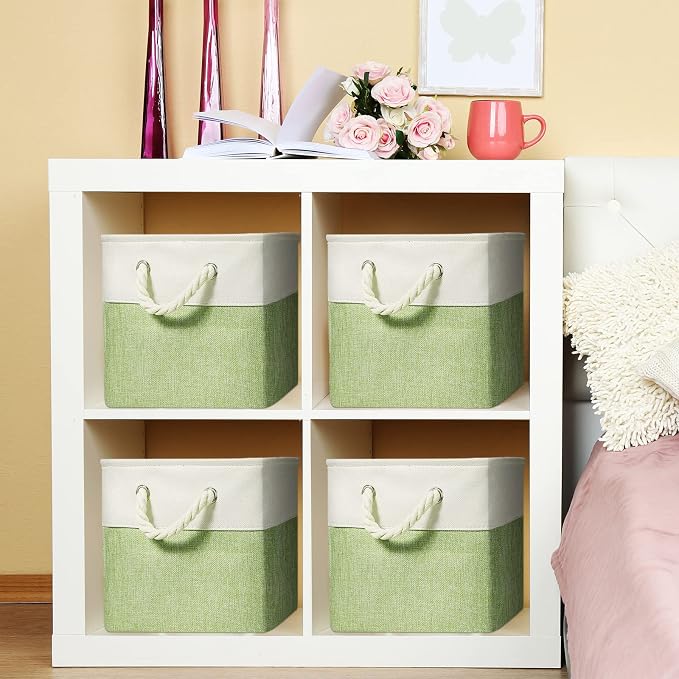 Geiserailie 6 Pcs 11 x 11 Inch Cube Storage Bins Fabric Storage Organizer Bins Foldable Cube Baskets with Sturdy Carry Handles Wicker Baskets for Home (Green,White)