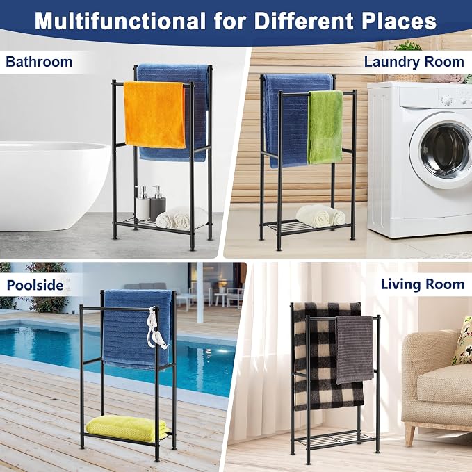Free Standing Towel Rack, 2 Tier Towel Racks for Bathroom with Storage Shelves, Outdoor Standing Towel Drying Rack for Poolside, Black, DECLUTTR