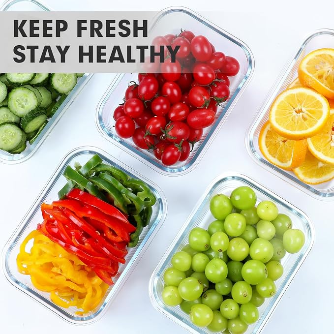 VERONES 5 PACK 36 OZ Glass Meal Prep Containers Set with Lids, White | Airtight Glass Lunch Containers Set, Food Storage Containers with Lids, for Microwave, Oven, Freezer & Dishwasher Friendly
