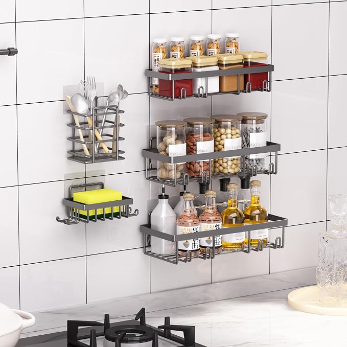 Liuoud 5 Pack Shower Caddy Organizer Rack Shelf for Inside Shower, Self Adhesive Bathroom Wall Storage Basket Rustproof Stainless Steel Large Capacity Shampoo Holder, Dark Grey