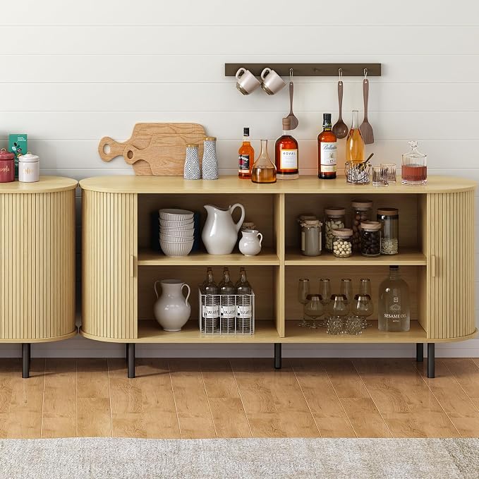 63" Sideboard Buffet Cabinet with Storage, Storage Cabinet with Sliding Door & Adjustable Shelf, Modern Accent Coffee Bar Console Table for Kitchen, Entryway, Oak