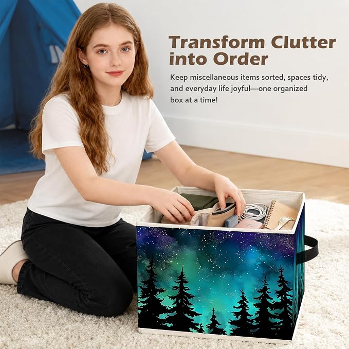 Starry Night Forest Storage Box Bins, Galaxy Star Sky Pine Tree Woods Collapsible Storage Basket Organizer for Bedroom Bathroom Home Clothes Books, Decor for Room