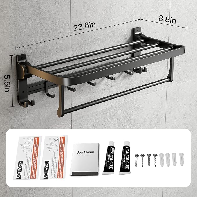 VOLPONE 24 Inch Towel Rack with Towel Bar Holder Foldable Towel Shelf with Movable Hooks Rustproof Towel Storage wall Mount for Bathroom Lavatory Matte Black