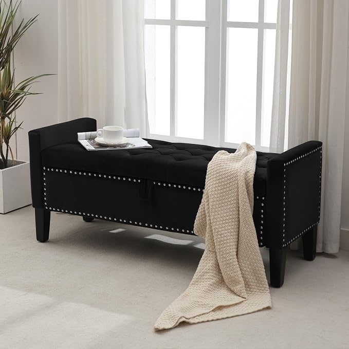 Storage Ottoman Bench, Velvet Upholstered Footstool for Bedroom and Living Room, Tufted Seat with Storage, Wooden Legs & Metal Rivets, Black