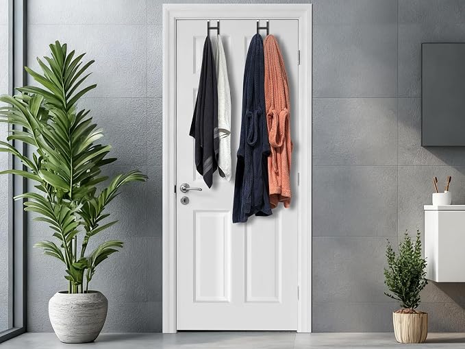 Double Over Door Steel Hooks 2 Pack Fit 1-3/8" Door 5.5" Black | Plastic Coated Rubber Feel Towel Rack Robe Coat Shoe Wreath Hanger No Damage No Scratch for Bathroom Heavy Duty Thin Top