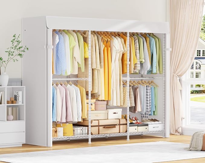 E14C Pro Heavy Duty Closet Organizer System,Freestanding Clothing Racks for Hanging Clothes,Adjustable Garment Rack 69" W × 16" D × 77" H Hold 960 lbs,White Rack with White Dustproof Cover