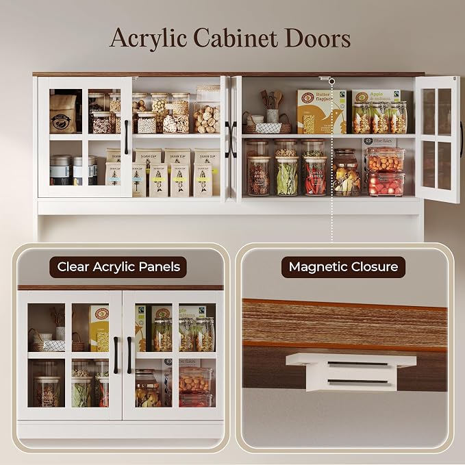 71''H x 55.1''W Pantry Cabinet with Charging Station, 4 Wide Cabinets Kitchen Pantry with 2 Drawers, Farmhouse Hutch Storage Cabinet, Tall Coffee Bar, Acrylic Door, Adjustable Shelves, White