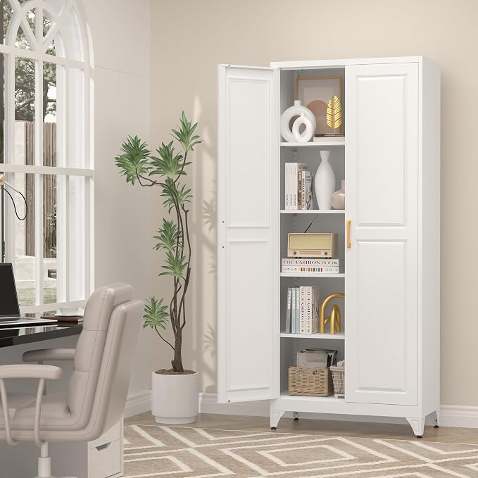 UNICOLY 75" Kitchen Pantry Cabinet,Metal Tall Storage Cabinet with Doors | Kitchen Storage Cabinets with 4 Shelves,Pantry Storage for Kitchens, Living Room, Dinning Room, Assembly Required, White