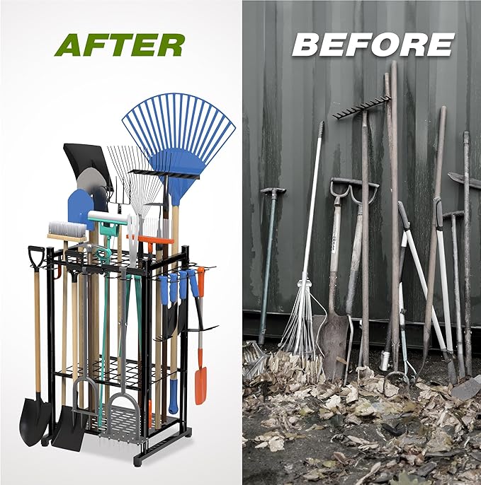 Sttoraboks Garden Tool Organizer Rack Up to 50 Tools, Heavy-Duty Steel Yard Tool Organizer for Garage Storage with 11 Hooks, Broom Holder & Garden Tool Rack for Shed, Patio, Outdoor Use, Black