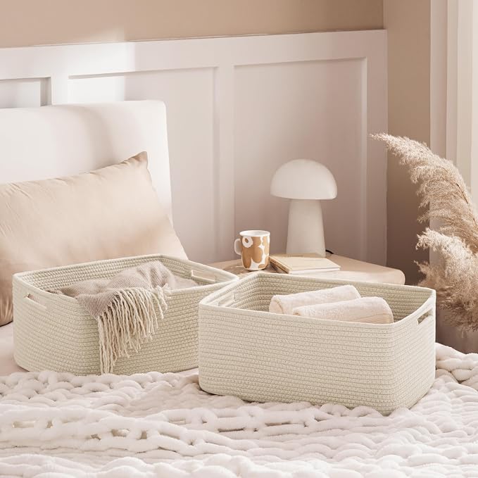 2 Pack Storage Baskets for Organizing, Large Woven Storage Basket, Beige | 17"Lx13"Wx7.5"H, Cotton Rope Basket, Toy Storage, Cube Shelf, Closet Shelf Organizer, Clothes Storage, Home Decor