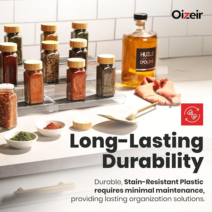 Oizeir Expandable Spice Organizer Rack - 3-Tier - Clear Adjustable Tiered Shelf Spices Organization for Kitchen Cabinet and Pantry Storage