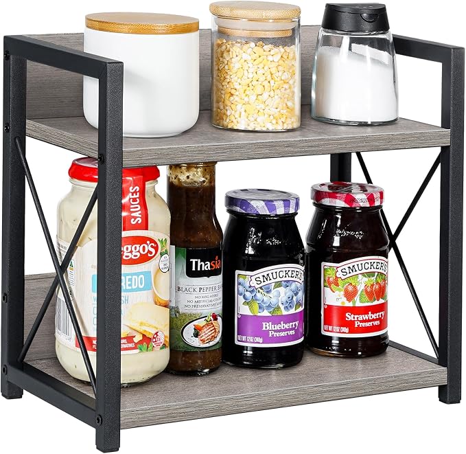 Giikin Countertop Shelf Organizer, 2 Tier Kitchen Spice Rack for Countertop, Wood Kitchen Counter Shelf for Home, Coffee Station Organizer (Grey,S)